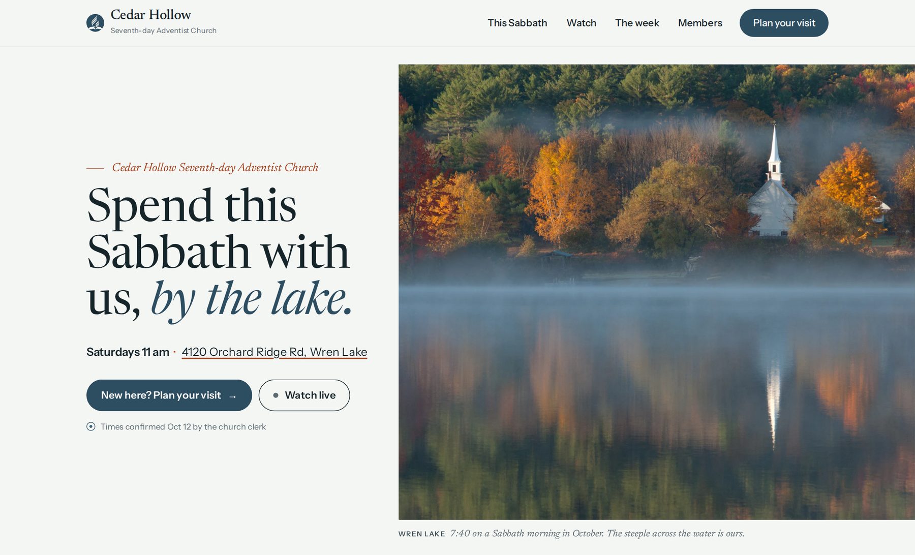 Warm sample site: a misty lake and steeple beside the welcome line