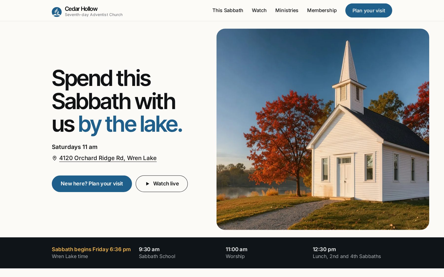 Modern sample site: the welcome line beside a photo of the church