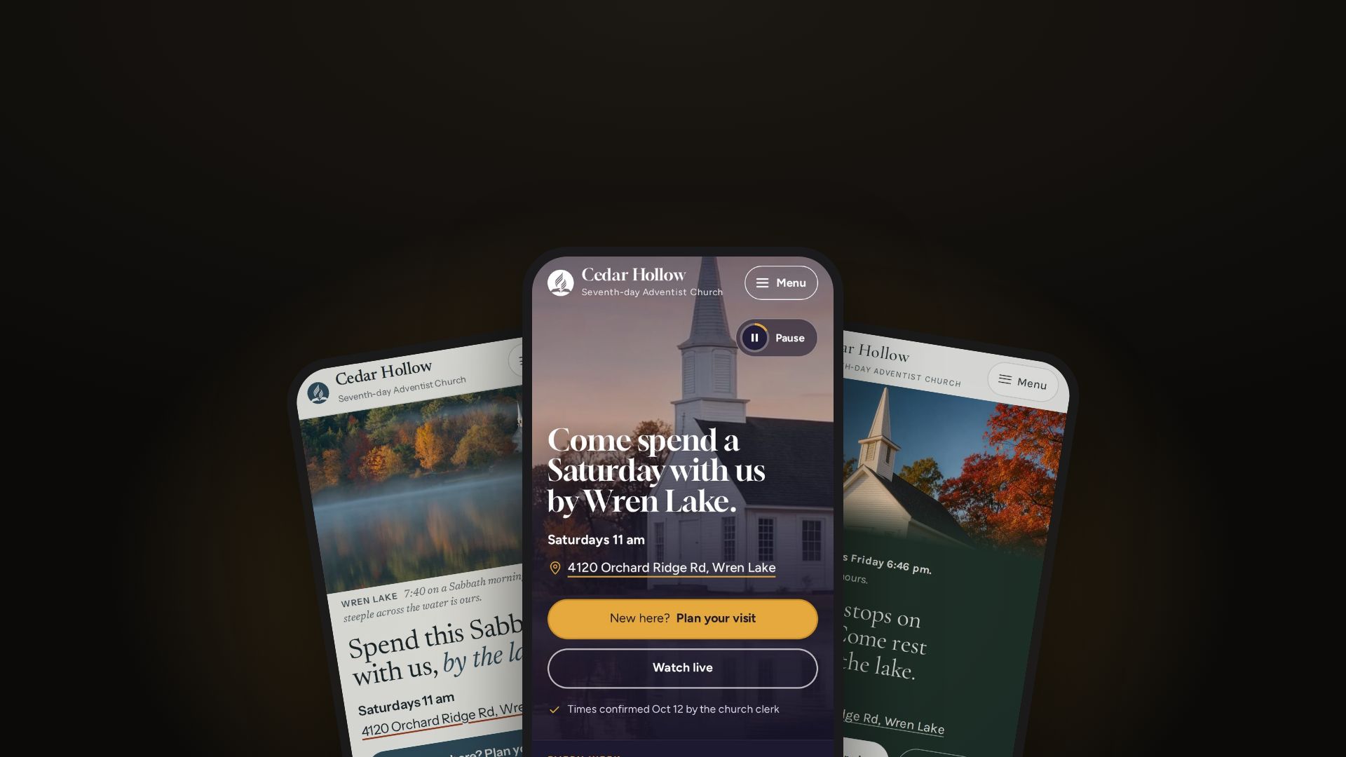 Three sample church websites on phones